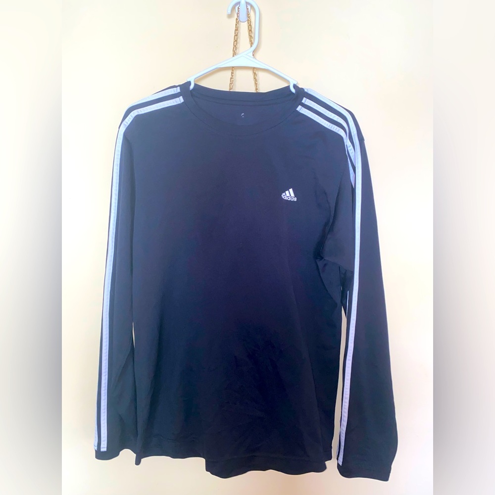 Adidas Dry fit long sleeve shirt, Black with classic white stripe detail, size L